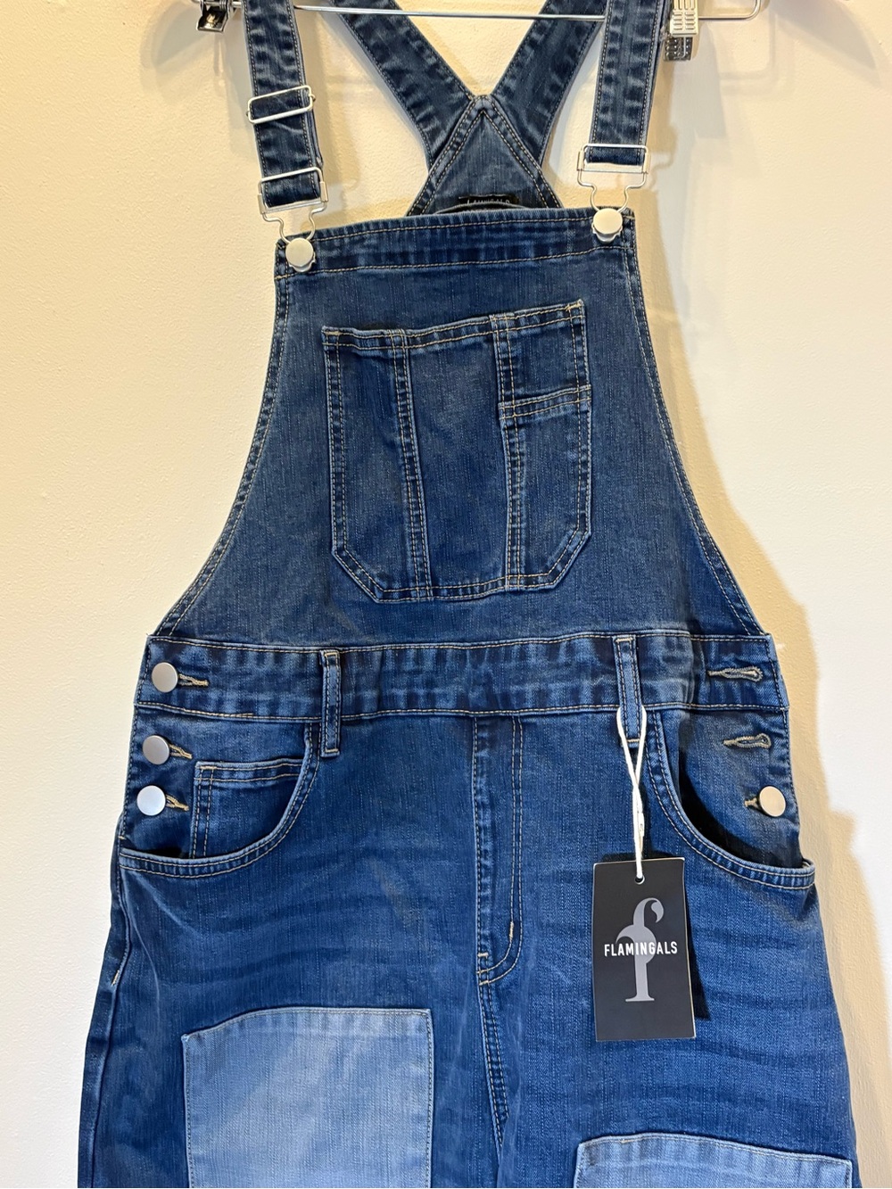 Flamingals Women's Blue Denim Patch Pocket Overalls Jumpsuit